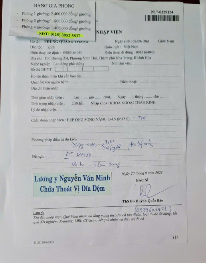 Giấy nhập viện mổ thoát vị đĩa đệm